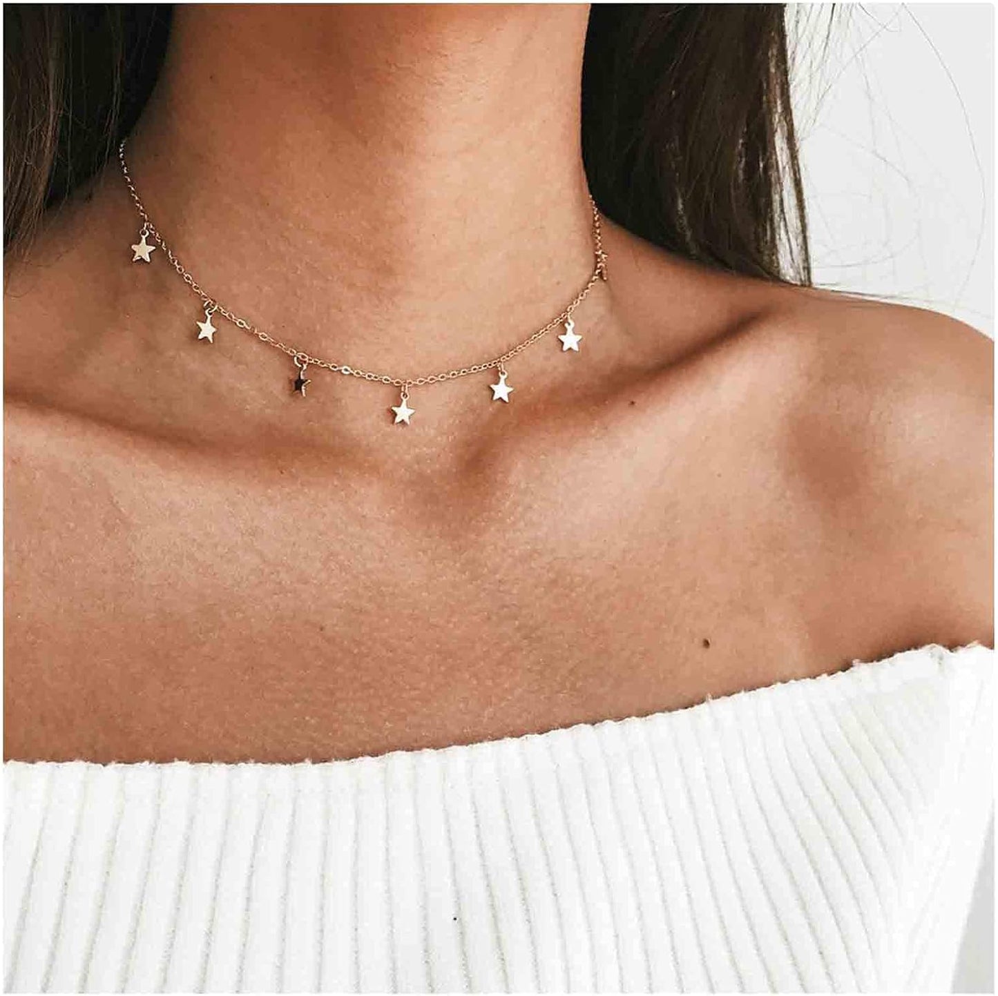 Boho Star Choker Necklace Gold Star Dangle Necklace Chain Short Minimalist Necklace Gold Collarbone Necklace Jewelry for Women Gifts
