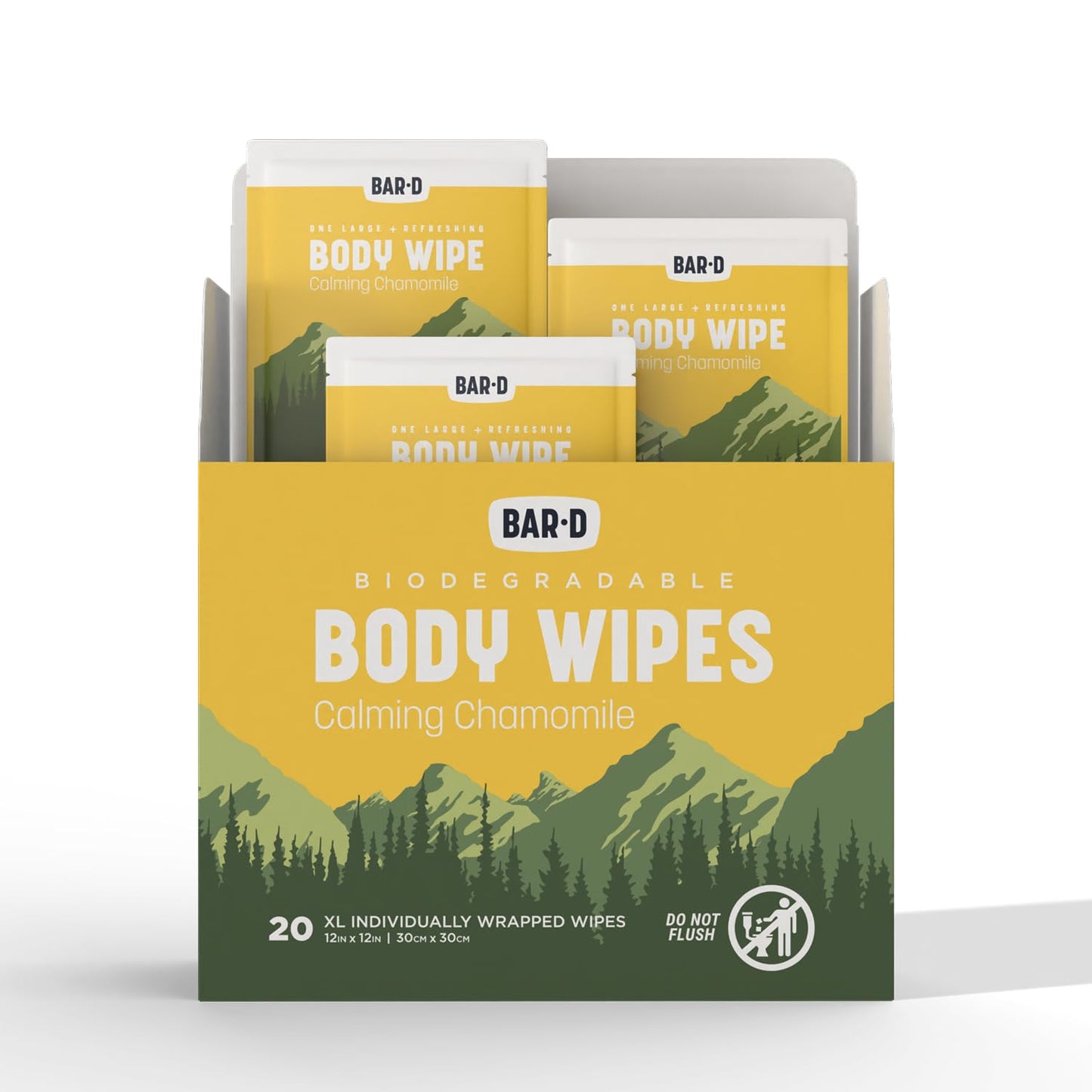 Bar-D Cleansing Face & Body Wipes for Women and Men - Individually Wrapped Biodegradable Shower Wipes with chamomile, 12x12 Inch, Pack of 20 (20 Count/Box), Chamomile scent