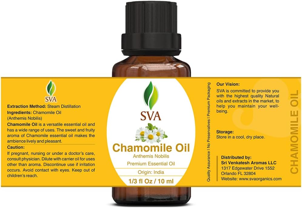 SVA Chamomile Essential Oil – 1/3 Fl Oz – 100% Natural Chamomile Oil - for Diffuser, Hair Care, Face, Skin Care, Aromatherapy, Scalp and Body Massage, Soap and Candle Making