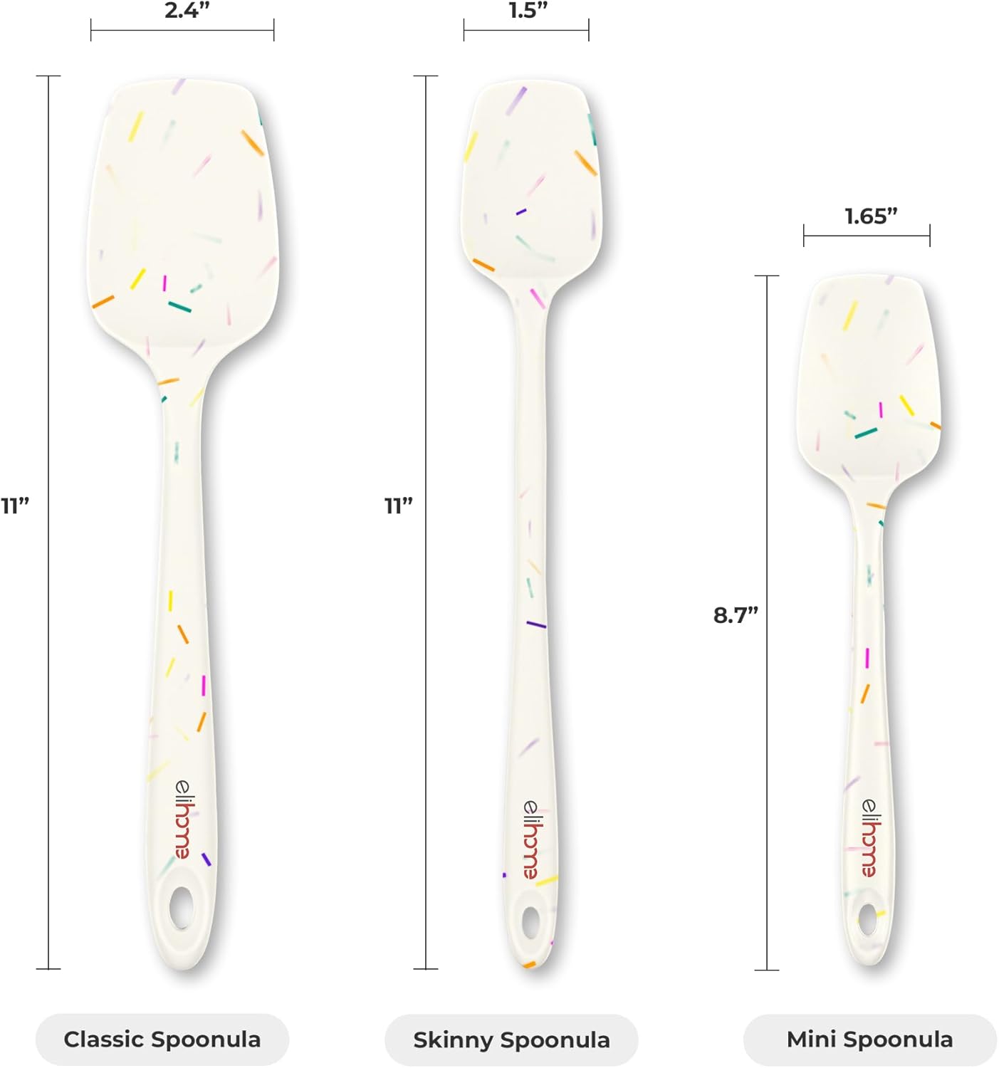 Elihome Skinny Silicone Spoonula - Non-Stick Heat Resistant Silicone Scraper Spatula for Mixing, Serving, Scraping, Stirring, and More - 11 Inch, Sprinkles