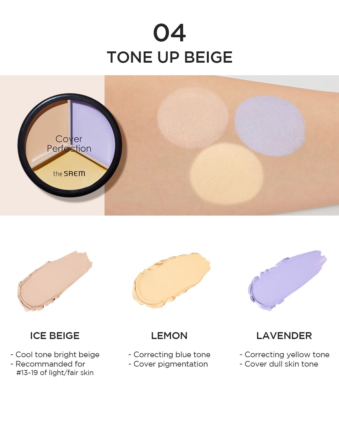 THESAEM Cover Perfection Triple Pot Concealer 04 Tone Up Beige - for Fair to Light Skin Tone - 3 Color Full Coverage Concealer - Covers Pigmentation and Blemish Spots, Corrects Skin Tone