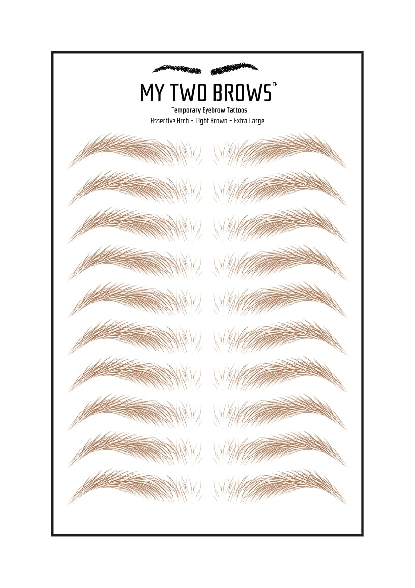 (10 pairs) Light Brown Temporary Eyebrow Tattoo - Extra Large Size - Waterproof & Smudgeproof - Assertive Arch Style Eyebrow Stickers - Sheet Lasts up to 30 Days - Won't Work on Existing Brows
