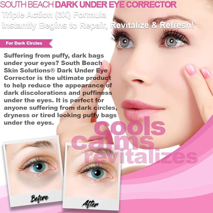 South Beach Dark Under Eye Corrector - Natural Salon Strength Anti Aging Under Eye Cream Treatment - Perfect for Tired Looking Dark Circles, Puffiness, Dark Bags, Dryness - Safe, No Harmful Chemicals