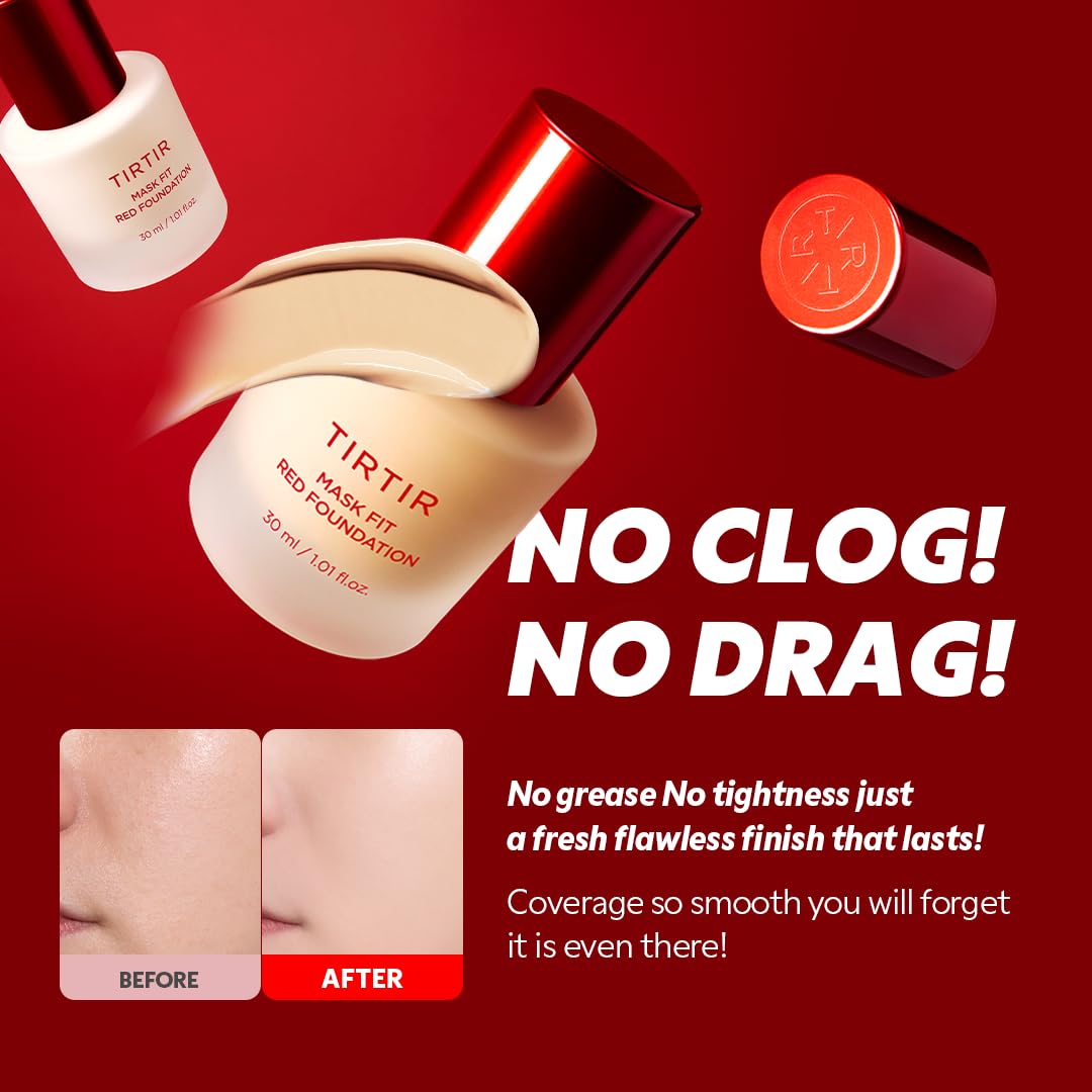 TIRTIR Mask Fit Red FoundationㅣLong Lasting Flawless Coverage, Energy Essence, Lightweight, Hydrating, Pore-Blurring, Breathable Satin Finish, Makeup, Radiant Skin, #24N Latte, 1.01 Fl Oz