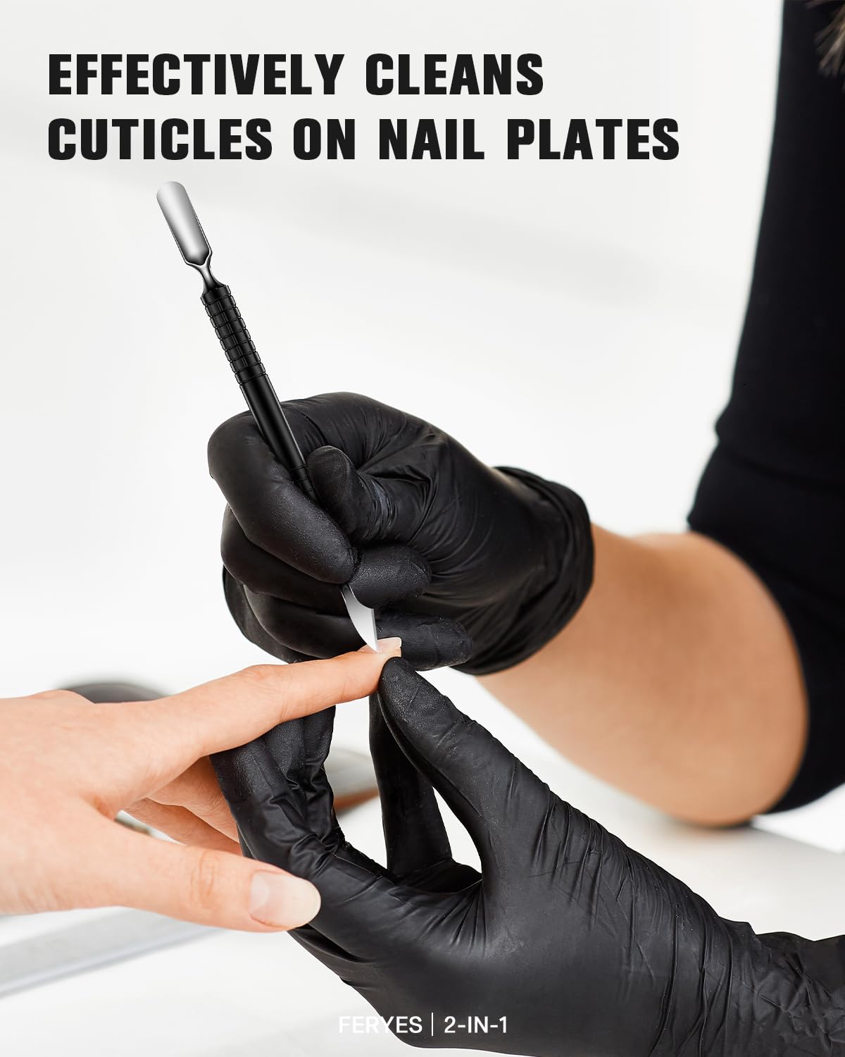 FERYES Upgraded Dual Head Cuticle Pusher Remover Tool - Curved & Chisel Edge Stainless Steel, Ergonomic Non-Slip Handle for Professional Salon & Home Manicure Nail-Black