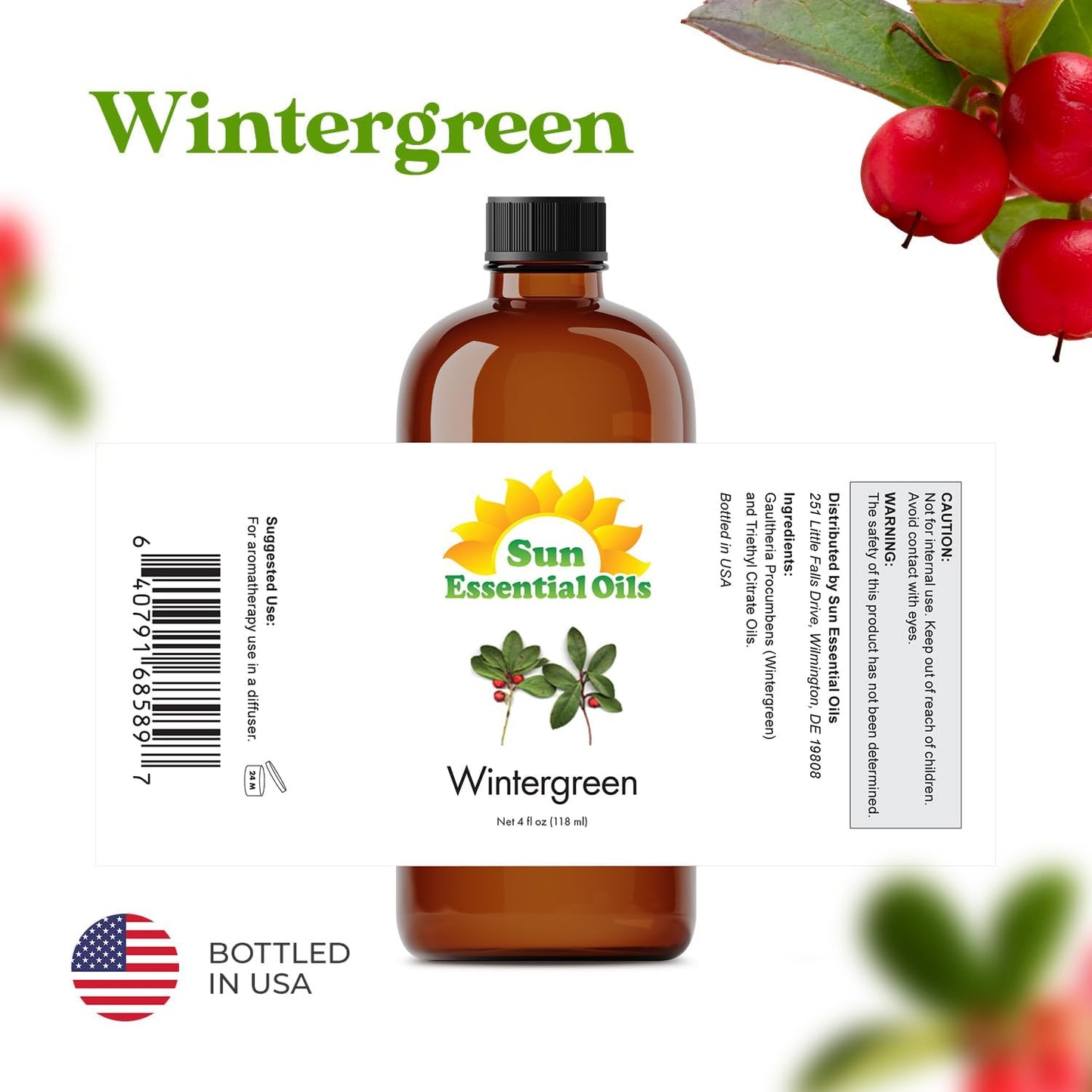 Sun Essential Oils - Wintergreen 4oz Bottle for Humidifier, Diffuser, Aromatherapy, Soap and Candle Making - Aromatherapy Oil