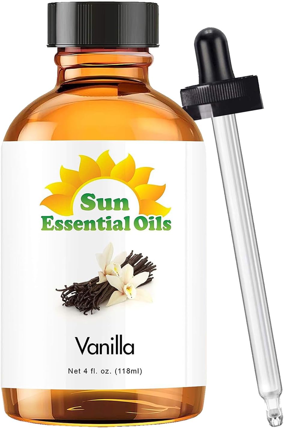 Sun Essential Oils - Vanilla Essential Oil 4 oz with Dropper for Diffuser, Skin, Hair, Humidifier & Aromatherapy Massage, Scent for Candle, Lotion & Soap Making & Room Freshener