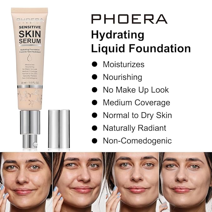 PHOERA Hydrating Serum Foundation,Hypoallergenic Flawless Soft Full Coverage Hydrating Foundation.(N03 Buff Beige)