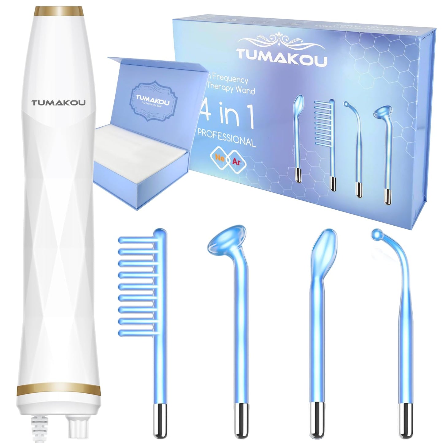 High Frequency Facial Device - TUMAKOU Blue High Frequency Facial Wand - Portable High Frequency Machine with 4 Fusion Neon + Argon Wands