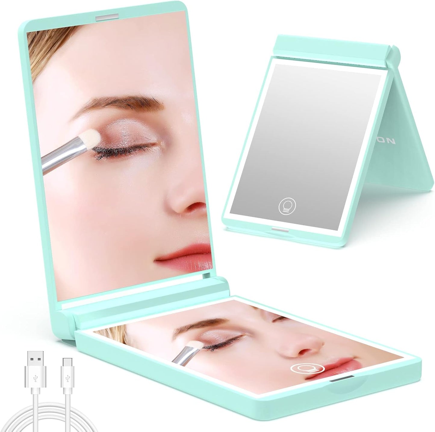 WOBSION Lighted Compact Mirror, Rechargeable Travel Makeup Mirror with Light,1x/3x Magnifying,300°Flip Folding Portable Mirror,Dimmable,Gifts for Girls