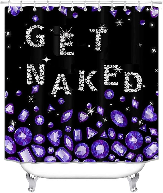 4PCS Luxury Purple Diamond Shower Curtain Set, Bling Rhinestone Gem Crystal Jewelry Teenage Girls Women Bathroom Decor, Waterproof Fabric Black Shower Curtain, Non-Slip Bath Mat Bathroom Rugs