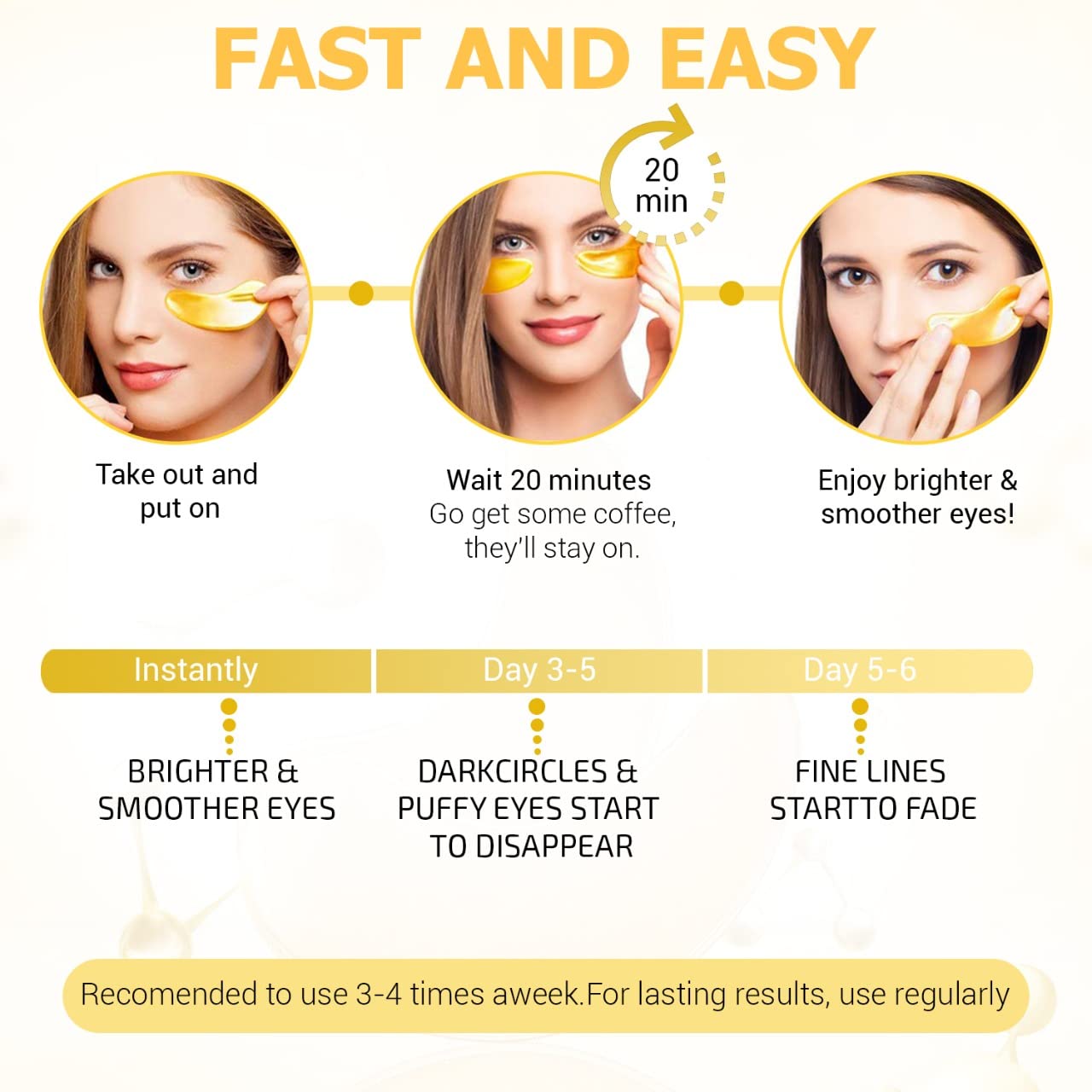 24K Gold Eye Masks for Dark Circles and Puffiness (6 Pairs) with Collagen, Aloe Vera & Hyaluronic Acid-Anti-Aging Under Eye Patches for Dark Circles and Puffiness-Reduce Wrinkles