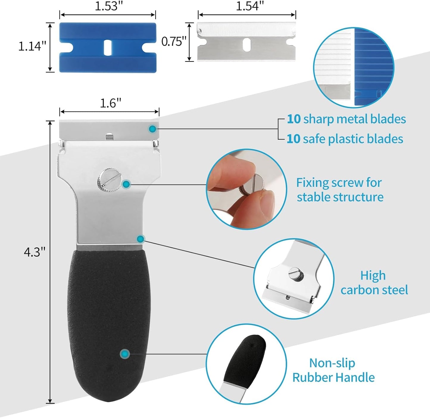 2 Pack Razor Blade Scraper, Multi-Purpose Cleaning Remover Tool, with 10 Metal & 10 Plastic Blades, for Glass Caulk, Adhesive, Wall, Stovetop, Paint, Window, Sticker, Tile, Label Decals