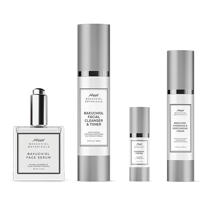 Bakuchol Botanicals Gift Set with Travel Case, Includes Face Serum, Toner & Cleanser All-in-One, Eye Cream, Moisturizer