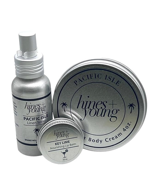 Hines+Young Travel Tins Gift Set - 4 oz Body Cream, 2 oz Linen Spray, Natural Lip Balm - Skin Care and Refreshing Home Fragrance, Ideal Self-Care Gift Set (Pack of 3, Pacific Isle)