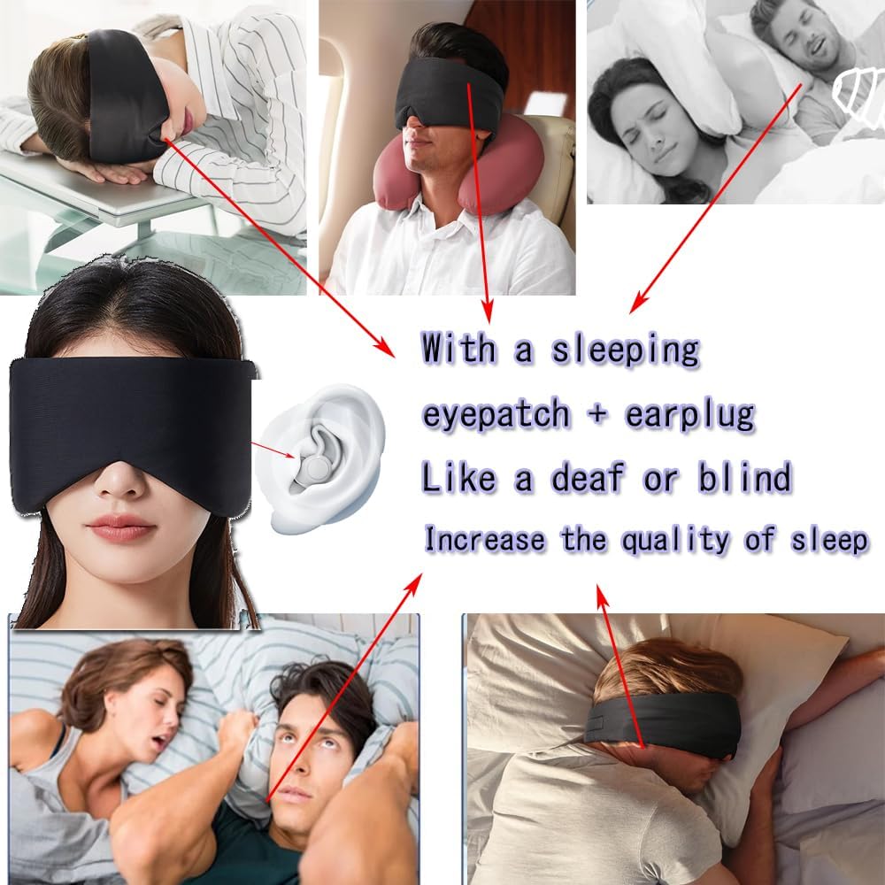Silk Eye Sleep Mask for Sleeping Women Men, Blackout Blindfold Eye Mask+soundproof Ear plugs, Rest Like A Deaf or Blind Person, noise cancelling ear plugs Mask for Travel Night Best Sleep Mask (black)