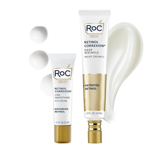 RoC Retinol Correxion Value Set Duo, Deep Wrinkle Anti-Aging Night Face Cream + Under Eye Cream for Dark Circles & Puffiness - Retinol Eye Care