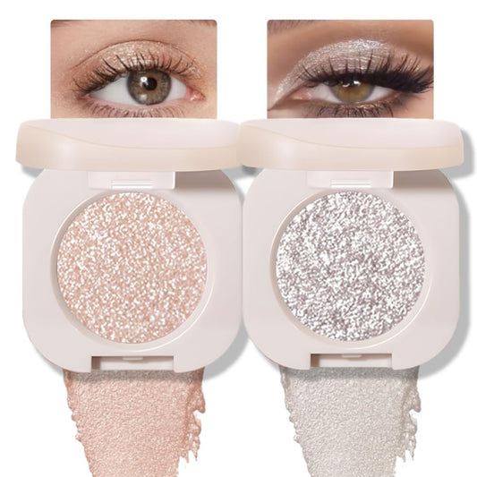 2Pcs Glitter Shimmer Sparkle Eyeshadow Palette Makeup for Green Blue Eyes, Light Brown&Sliver Glitter Shimmer eyeshadow Palette, Cream Iridescent Single Monochrome Eye Shadow Makeup
