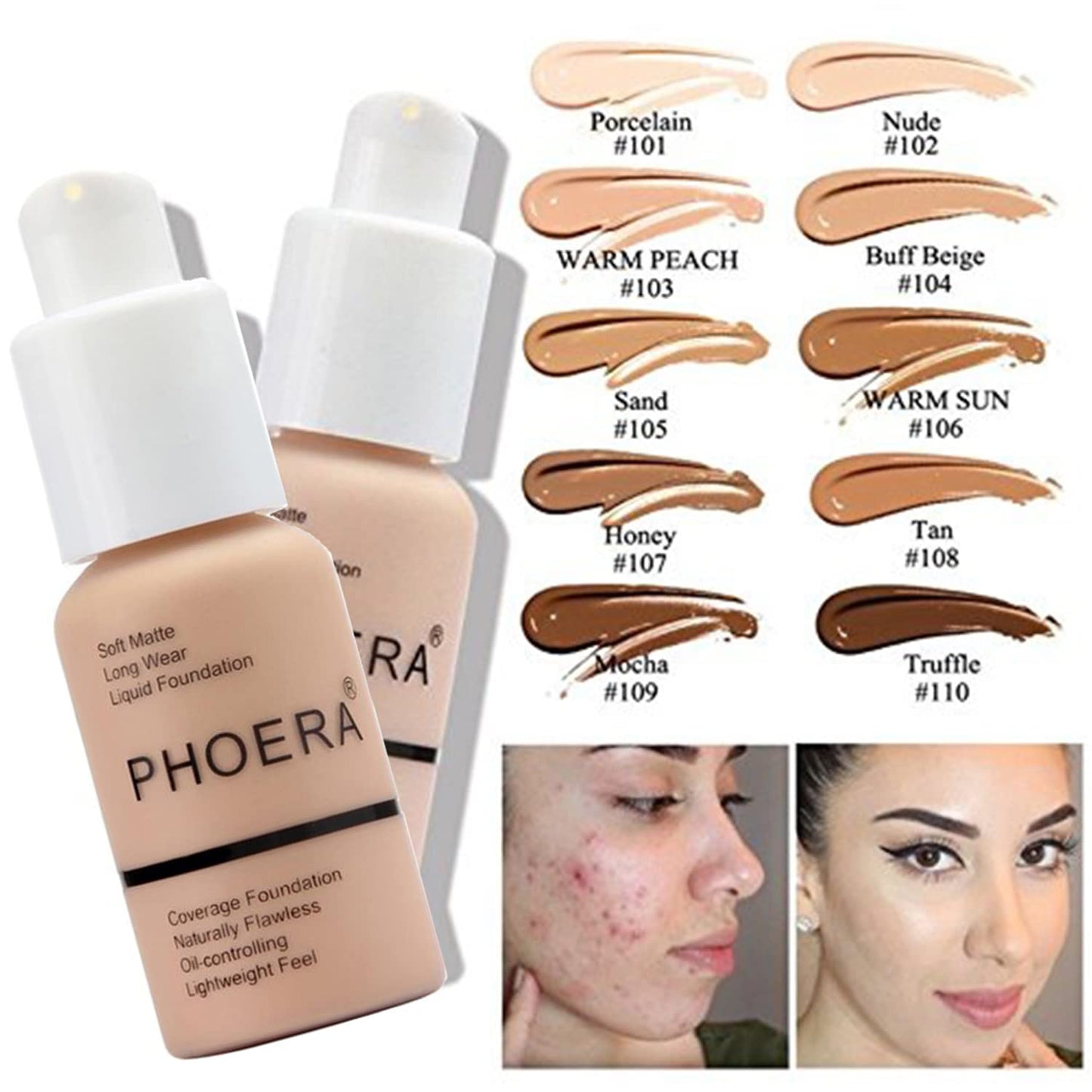Mushroom Head Air Cushion CC Cream Natural Foundation,PHOERA Foundation,PHOERA Concealer, PHOERA Primer, PHOERA Powder, Kabuki Makeup Brushes Foundation (101 Porcelain+01 Ivory CC)
