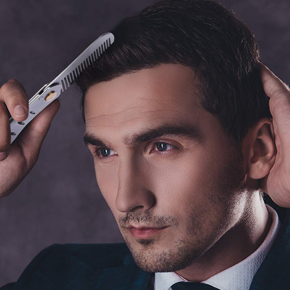 AhfuLife Stainless Steel Metal Hair & Beard Comb, Multifunctional Folding EDC Pocket Comb With Bottle Opener Fits In Keychain - Anti-Static Hair & Beard Care Comb Mustache Comb - Presented in Gift Box