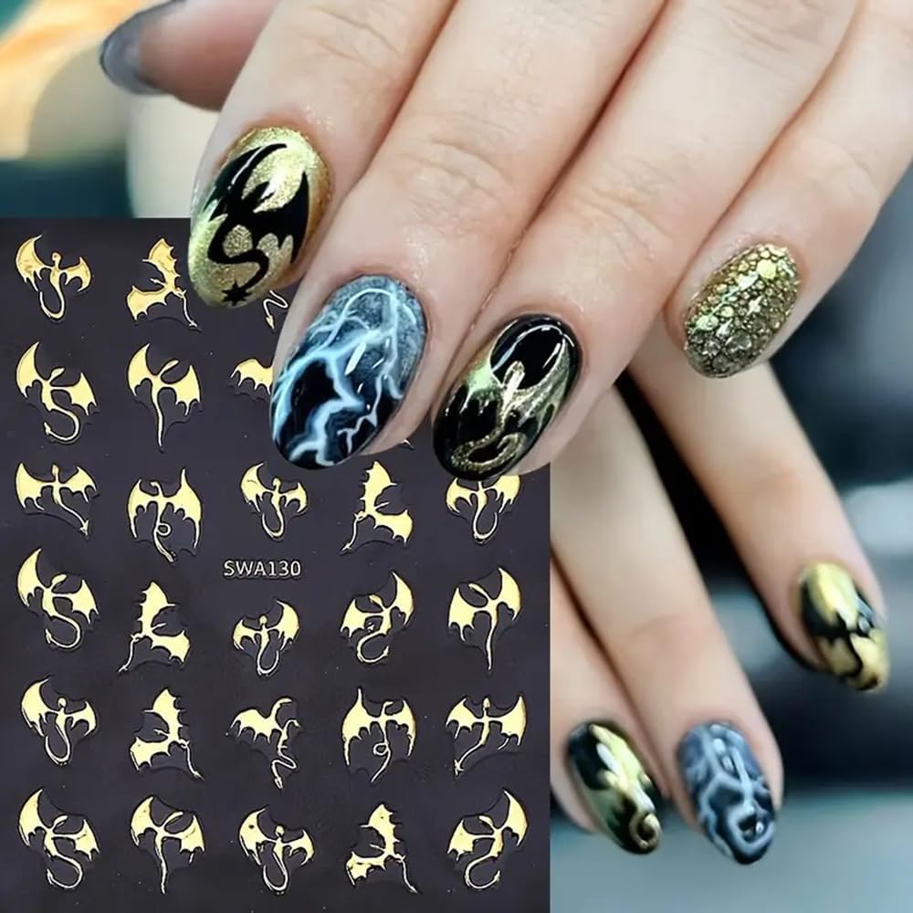 3 Pcs Metal Dragon Element Nail Stickers, 3D Self-Adhesive Golden and Silvery Laser Holographic Y2k Dragon Nail Art Decals,Glossy Texture Slider Nail Art Suitable for Women and Nail Decoration