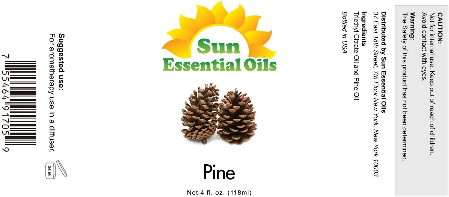 Sun Essential Oils: Pine Essential Oil 4 oz with Dropper for Diffuser, Skin, Aromatherapy Massage, Humidifier, Forest Pine Scented Oil for Candle, Lotion & Soap Making, Room Fragrance