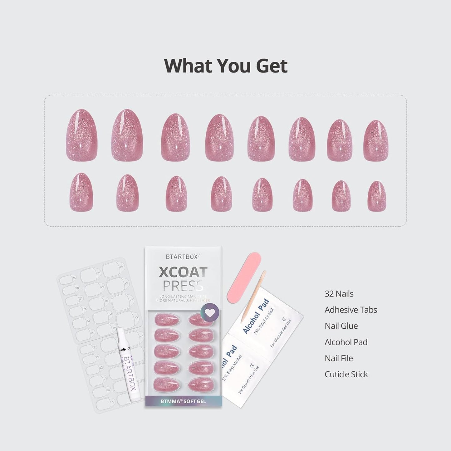 BTArtbox Press On Nails Short - Lamp-Curable Pink Cat Eye Almond Press On Nails with Glue for Women, Semi-Transparent Soft Gel Glue On Nails in 16 Sizes - 32 Stick On Nails Kit, Spring Charm