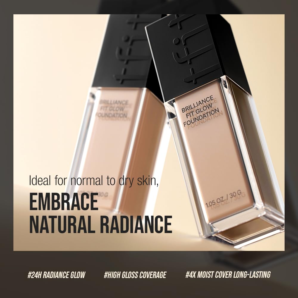 Brilliance Fit Glow Foundation - Full Coverage for Dry & Normal Skin, Radiant Finish, Long-lasting & Lightweight, Korean Makeup, 1.02 Fl Oz (W02 Almond Butter, 1.02 Fl Oz)