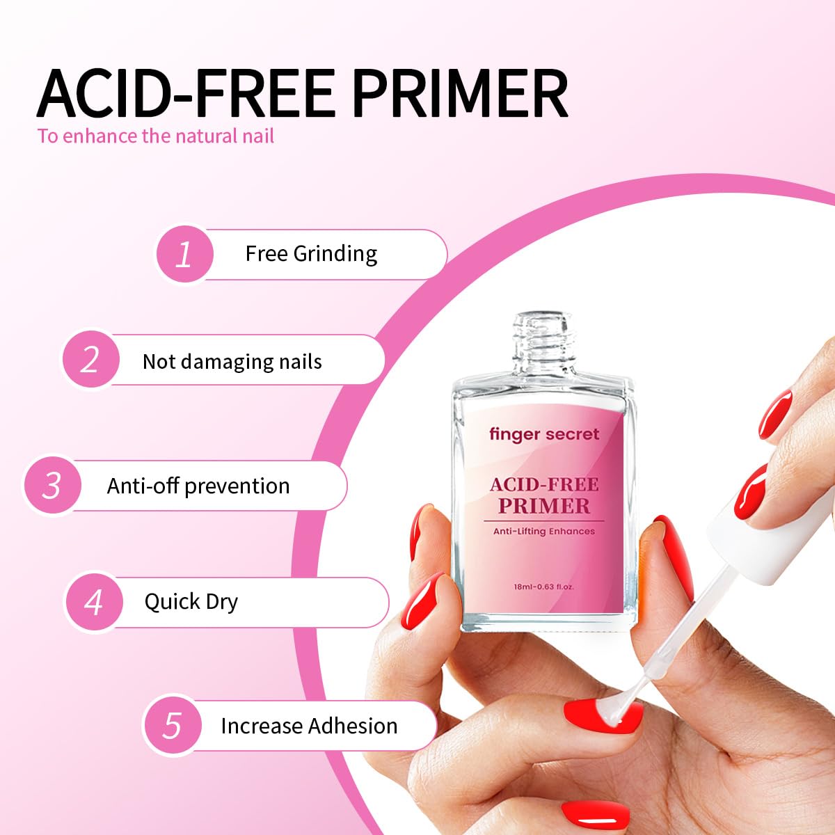 FINGER SECRET Acid-Free Primer Nail Prep Base coat,18ml Quickly dry Primer. Anti-Lifting Enhances Adherence Bonder Non-Acid for Acrylic Nails Press on Tips Powers & UV Gel