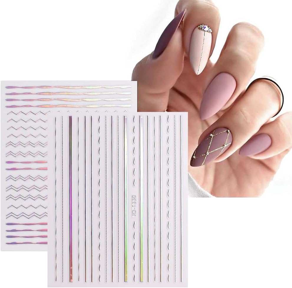 12 Sheets French Line Nail Art Stickers Aurora Star Heart Nail Decals Self-Adhesive Pegatinas Uñas Glitter Holographic Laser Silver Nail Supplies for Women Nail Art Design Decoration