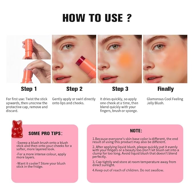 Jelly Cooling Blush Stick, Milk Water Tint, Clear Glossy Long Lasting Sheer Lip & Cheek Stain, Waterproof Light Non-Sticky Buildable Watercolor Finish-Vegan (#1 poppy pink, 0.17oz)