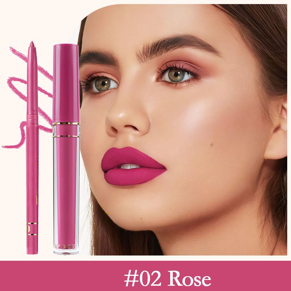 evpct 2Pcs Rose Matte Lip Liner and Lipstick Gloss Stains Makeup Set Kit for Women Long Lasting Waterproof 24, Rose Red Matte Lipstick Kit with Lip Liner, 24 Hour Lipsticks Pencils