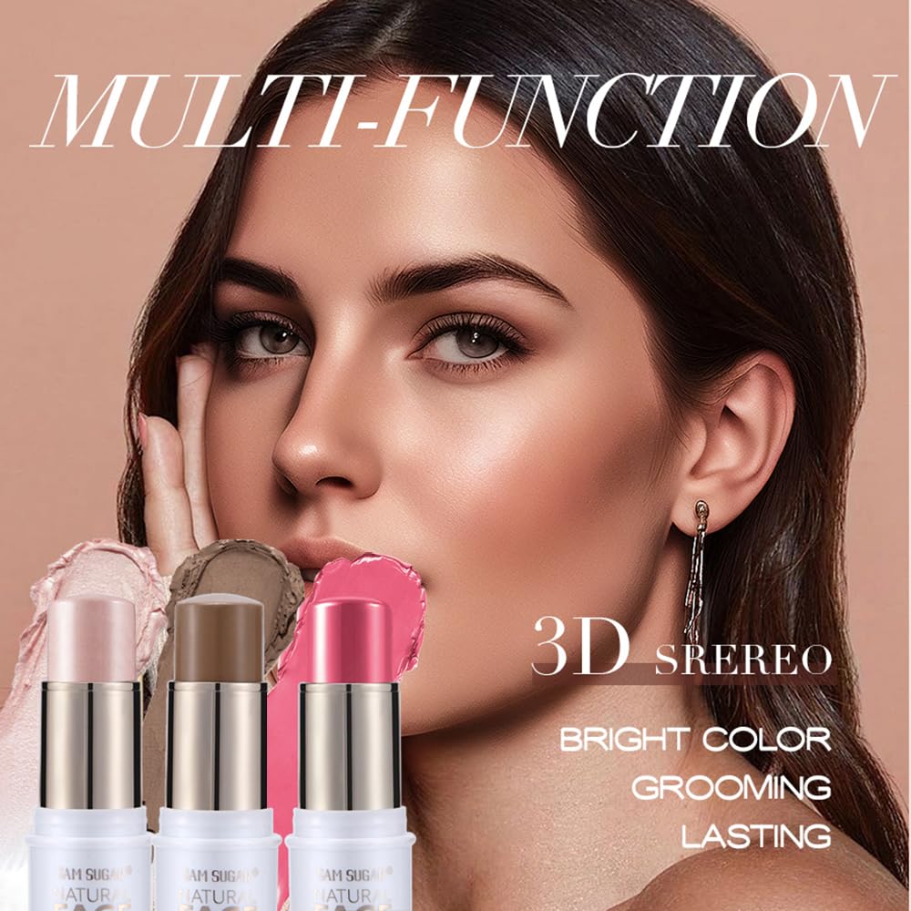 Contour Stick Makeup Kit,3Pcs Bronzer Blush Highlighter Stick Set for Create a Glowing Flawless Look,Non-Greasy Matte Finish Face Stick Trio,Longwear Formula, Include Brush - Fair (#01,04,07)