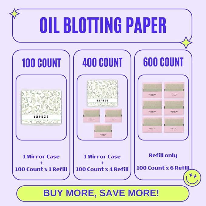 [400 Counts + Mirror Case] Green Tea Natural Oil Blotting Sheets for Face with Mirror Case and Refills