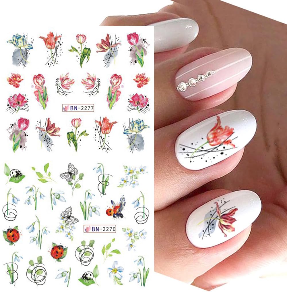 Flowers Nail Art Stickers Decals Tulip Floral Leaf Watercolor Nail Art Decals Transfer Foils for Nails Supply Butterfly Flowers Designs Nail Tattoo Sliders for Women DIY Manicure Nail Decoration 12PCS