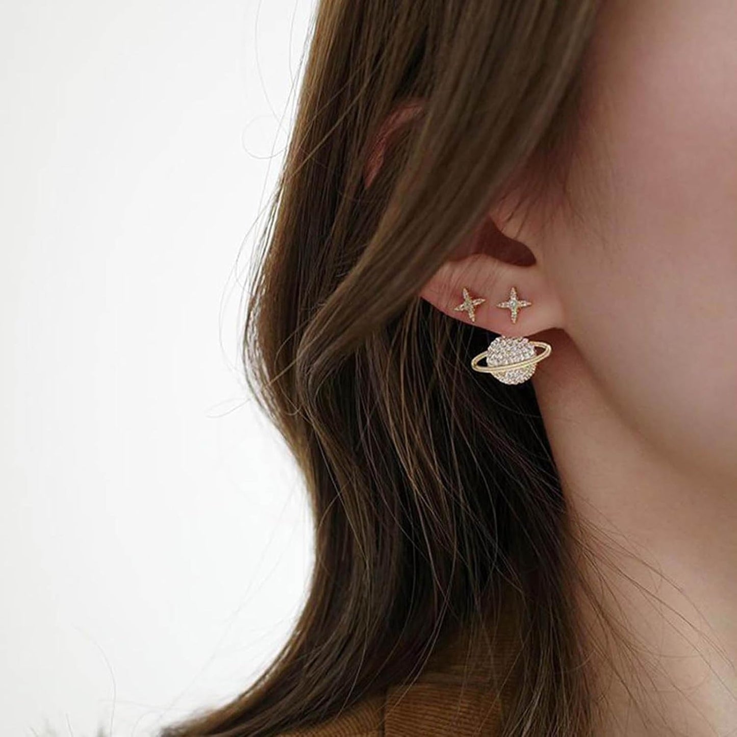 Crystal Saturn Planet Jacket Earrings Vintage Saturn Dangle Earrings Rhinestone Planet Drop Earrings Gold Cz Northstar Stud Earrings Celestial Front Back Earrings for Women Gifts
