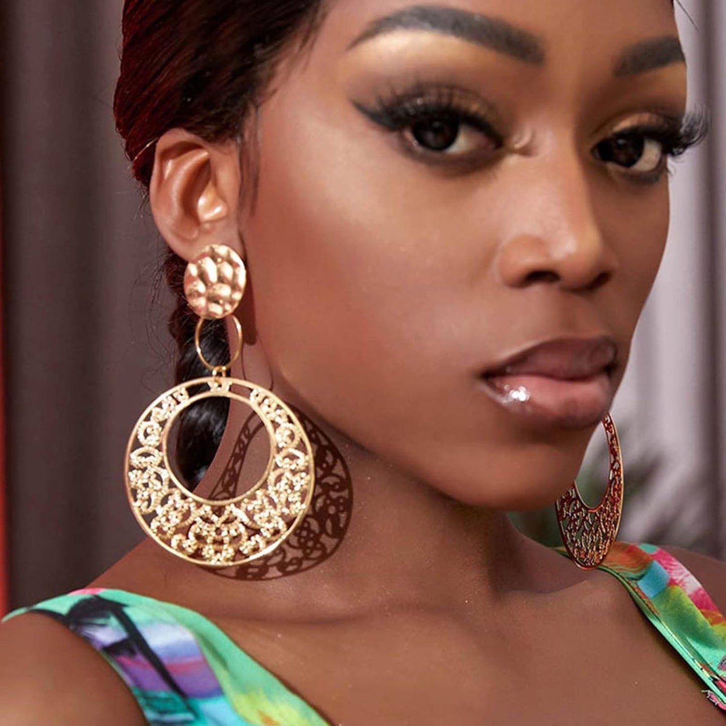 Boho Large Filigree Disc Dangle Earrings Stud Vintage Tribal Ethnic Hollow Carved Earrings Gold Geometric Floral Hoop Drop Earrings Statement Wedding Prom Earrings Jewelry for Women Girls