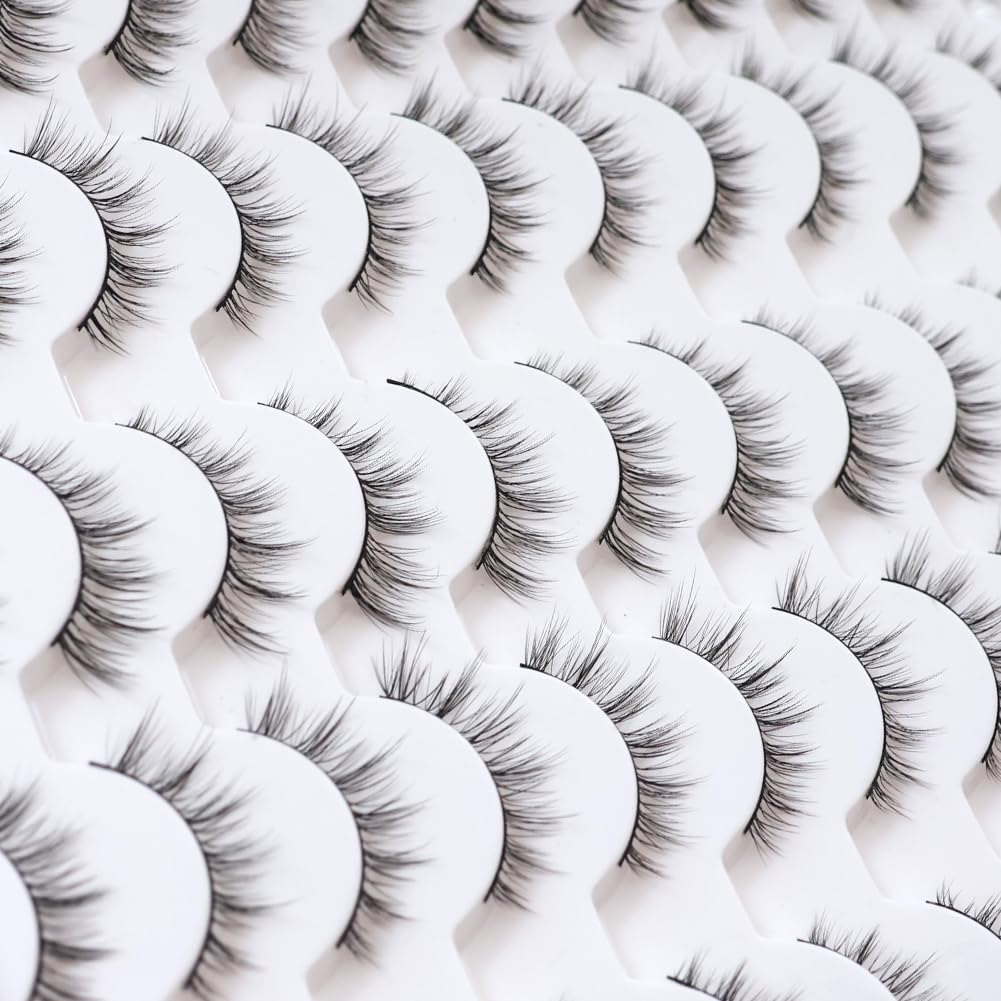 False Eyelashes 48 Pairs Faux Mink Lashes 14mm Wispy Lashes 3D Fluffy Cat Eye Lashes Pack Bulk Wholesale Strip Lashes(style 48-038)