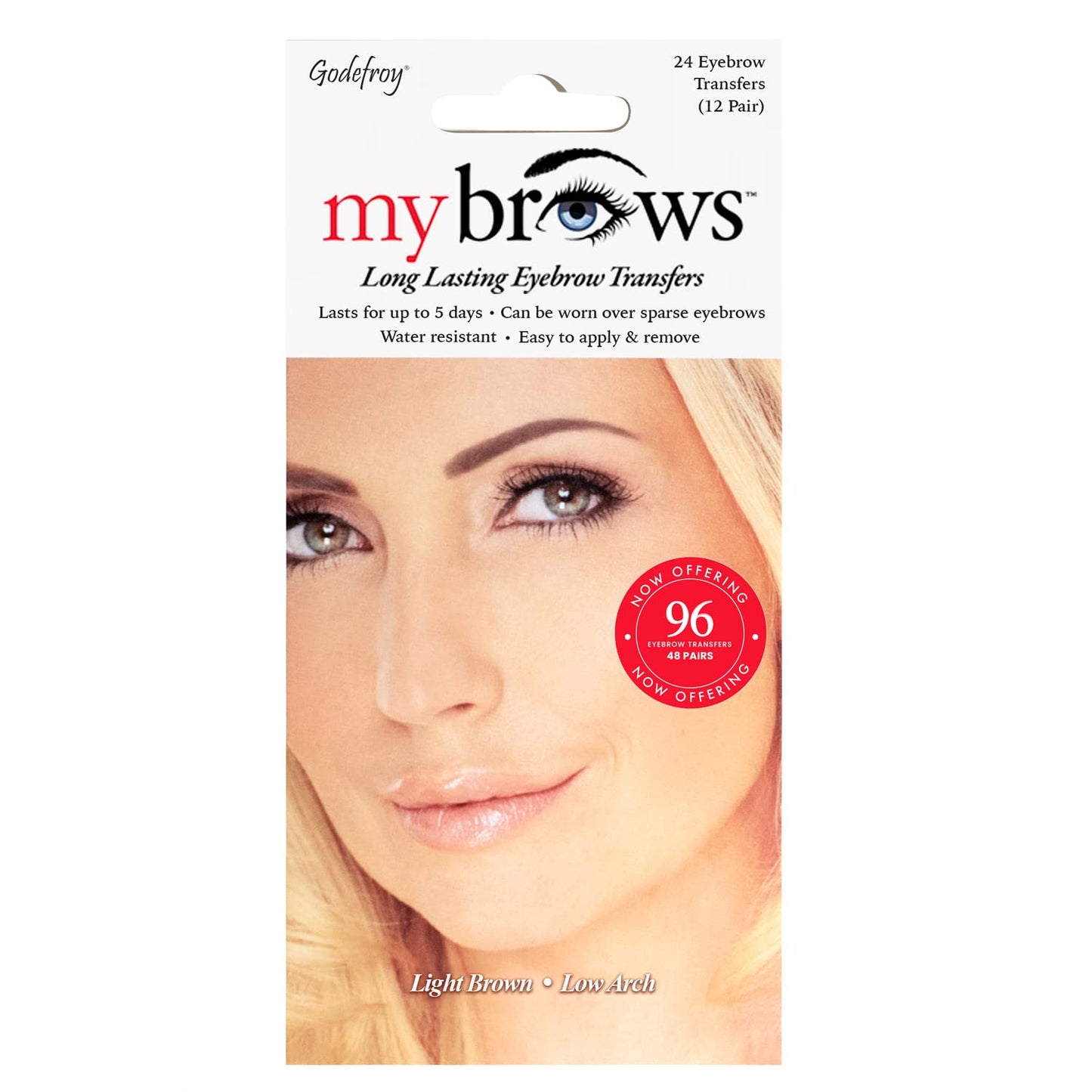 Godefroy MyBrows Long Lasting Eyebrow Transfers, Low Arch, Light Brown, 48-Pairs of Brows (96 Individual transfers)