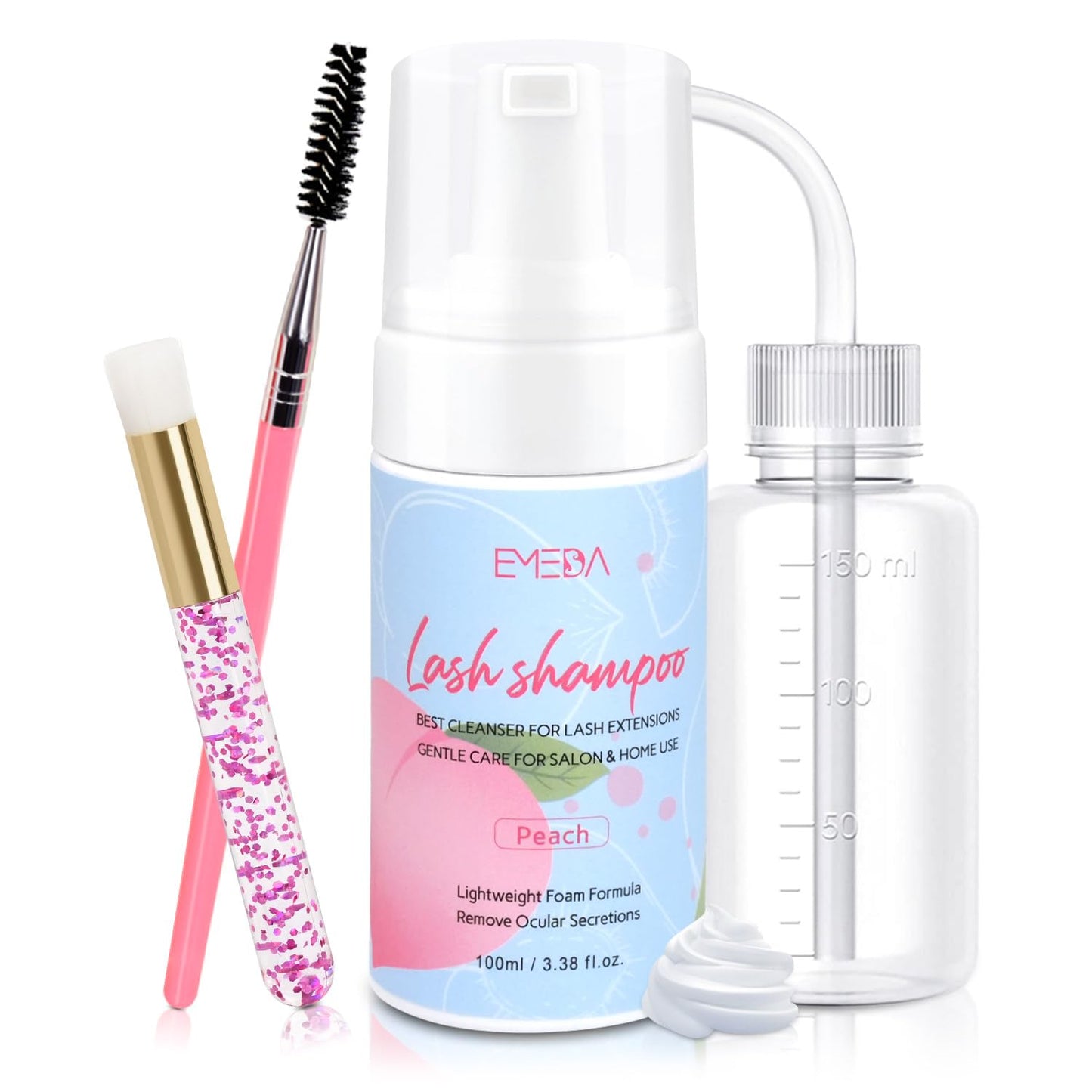 EMEDA Lash Shampoo Kit - 3.38 fl.oz / 100ml Gentle Foam Lash Cleanser, Oil-Free Cleaning for Wash Extension/Natural Eyelash Bath with Rinse Bottle Brush (Peach)