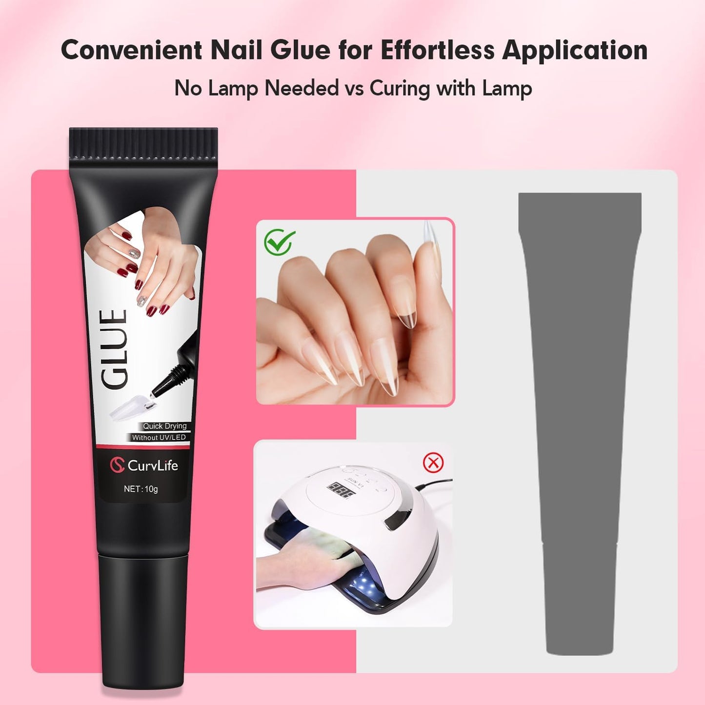 Curvlife 10g Semi Solid Nail Glue Gel With 5ml Remover Pen, No UV Light Needed, for Press On Nails, Click&Remove Pen
