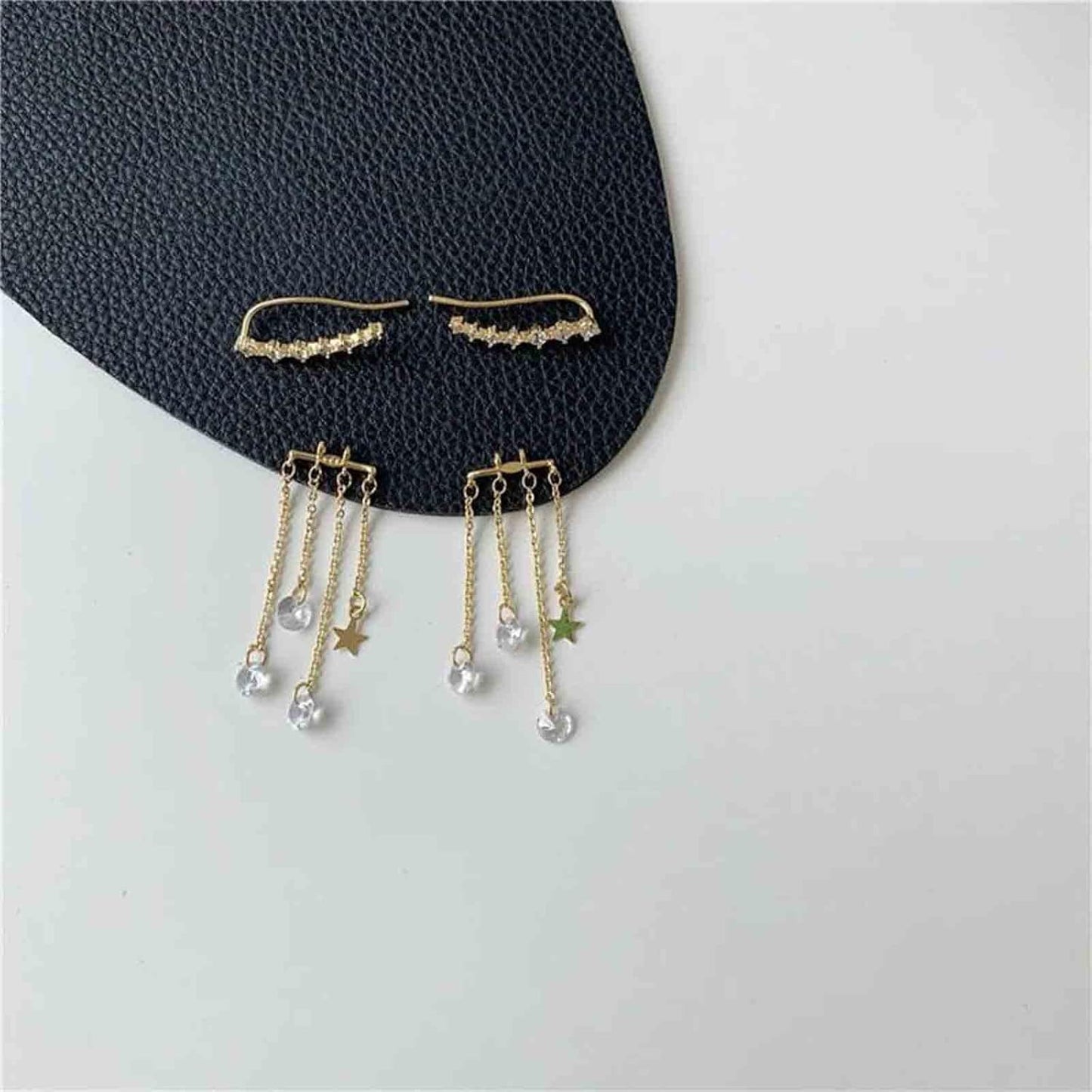 Boho Star Ear Jacket Earrings Gold Cz Star Ear Climber Earrings Crystal Chain Tassel Earrings Crystal Ear Crawler Long Chain Earrings Jewelry for Women and Girls Gifts