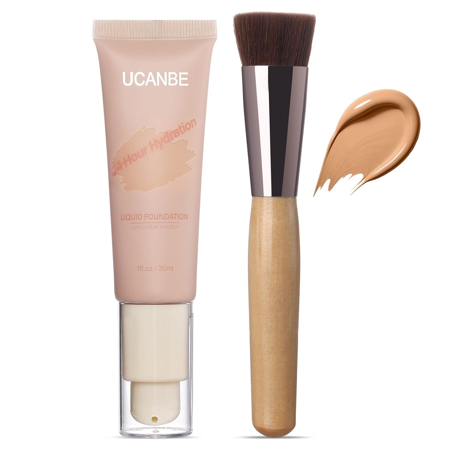 UCANBE Matte Liquid Foundation with Brush, Skincare Serum Foundation Face Makeup with Hyaluronic Acid, Medium to Full Coverage Waterproof Oil Control Longwear, for Mature Skin, Soft Tan, 1 fl. oz.