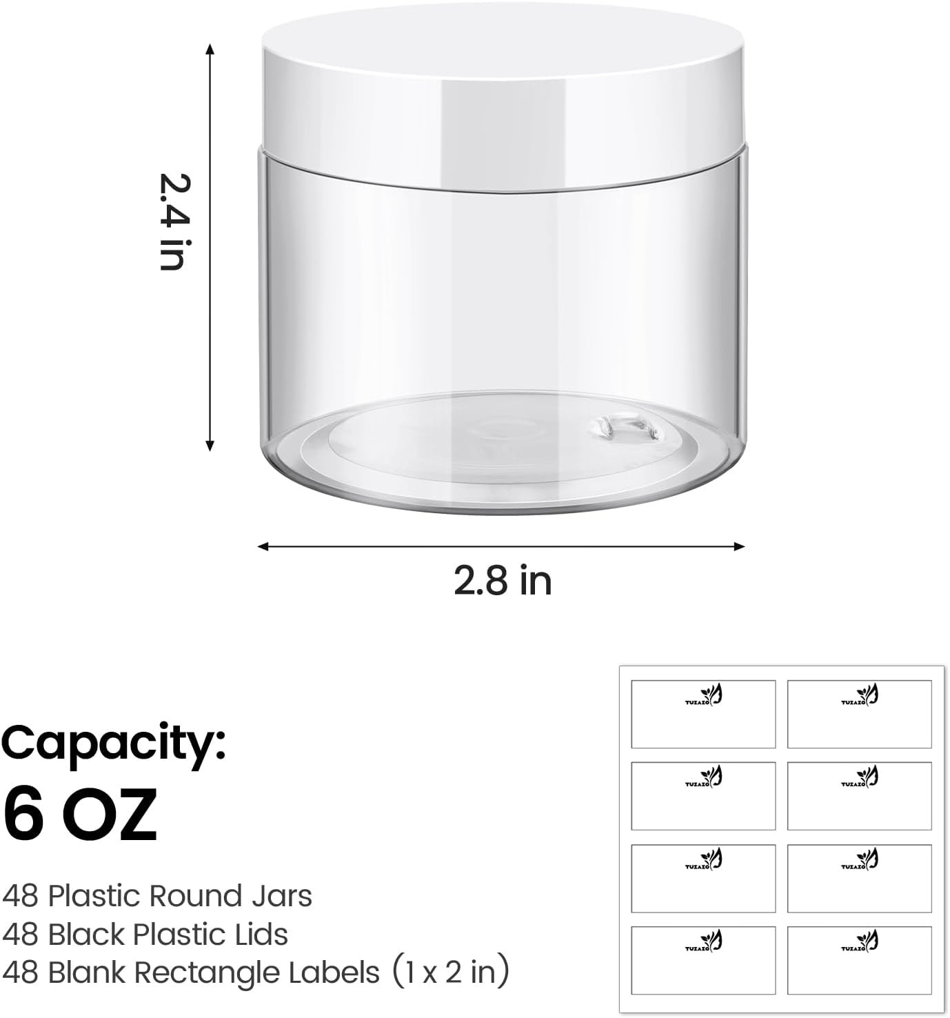 TUZAZO 48 Pack 6 Oz Plastic Container Jars with Lids and Labels BPA Free, Empty Round Clear Cosmetic Containers Plastic Slime Jars for Lotion, Cream, Ointments, Body Butter, Travel Storage (48)