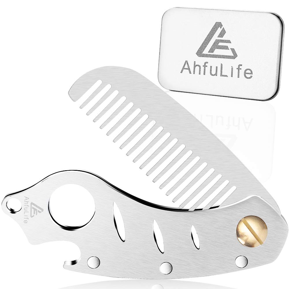 AhfuLife Stainless Steel Metal Hair & Beard Comb, Multifunctional Folding EDC Pocket Comb With Bottle Opener Fits In Keychain - Anti-Static Hair & Beard Care Comb Mustache Comb - Presented in Gift Box