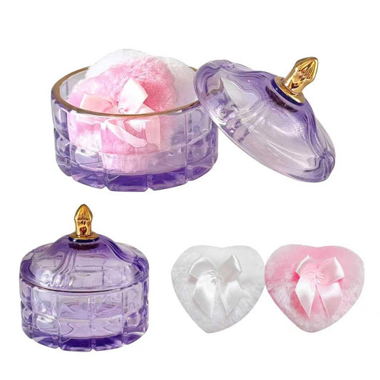 Body Powder Puff and Container - Glass Dusting Powder Container with 2 Soft Puffs Vintage Powder Puff Case for Women & Girls (3.94x3.94x3.94 H in) - GRB011-Purple