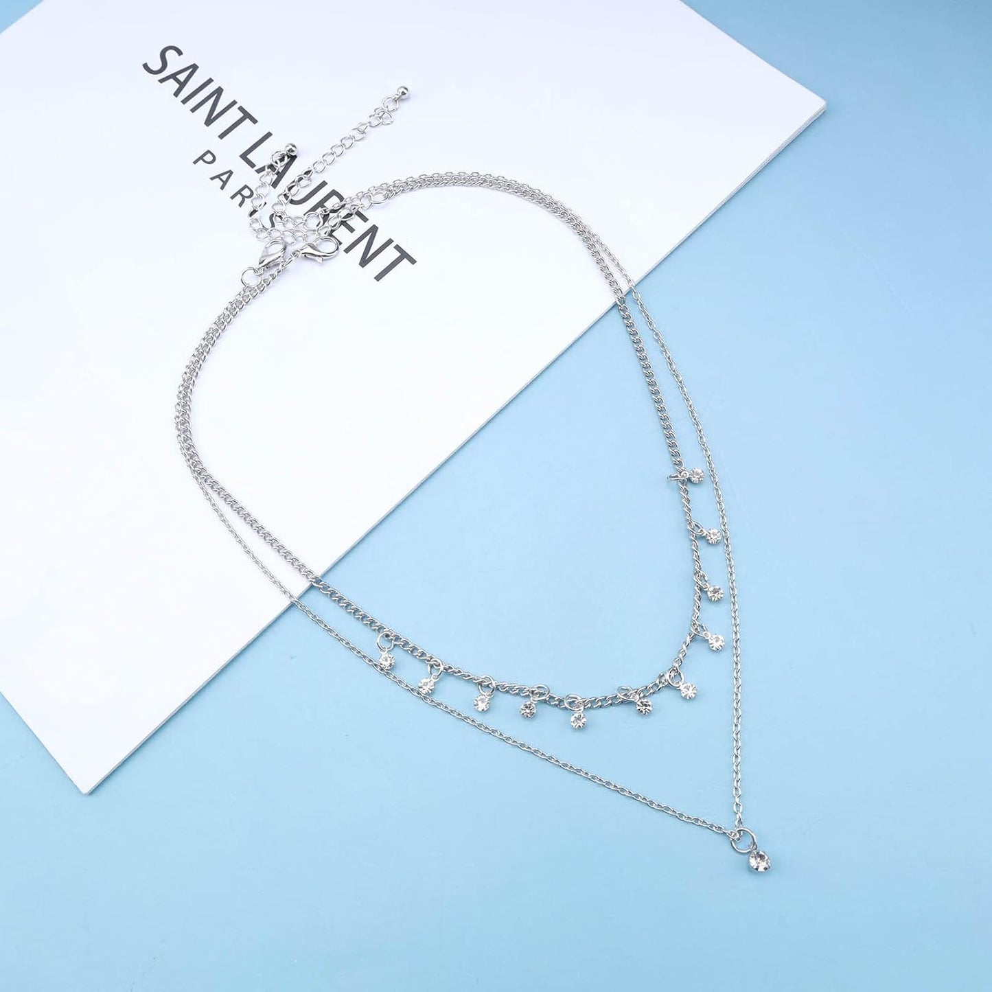 Boho Layered Silver Choker Necklace Crystal Pendant Necklace Rhinestone Tassel Choker Necklace Sparkly CZ Dangle Necklace Chain Jewelry for Women and Girls (Silver)