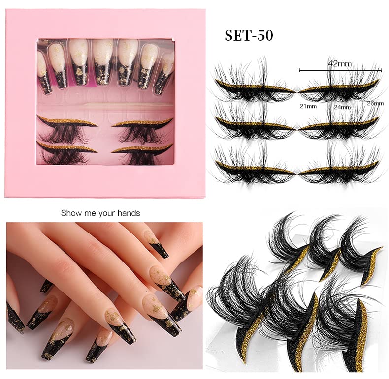 HBZGTLAD 3 in1 color eyeline Press On Nail with Eyelash Packing Boxes Set Package Pink White DIY Lashes and Nail Suit Box 1set… (SET-50)