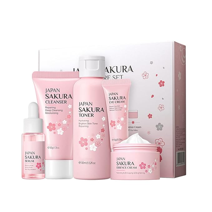 Skin Care Set - Women Gift Sets - Sakura Skin Care Sets & Kits - Gift Set with Cleanser,Toner,Serum,Eye Cream,essence Serum - Beauty Products For Women (SetC)