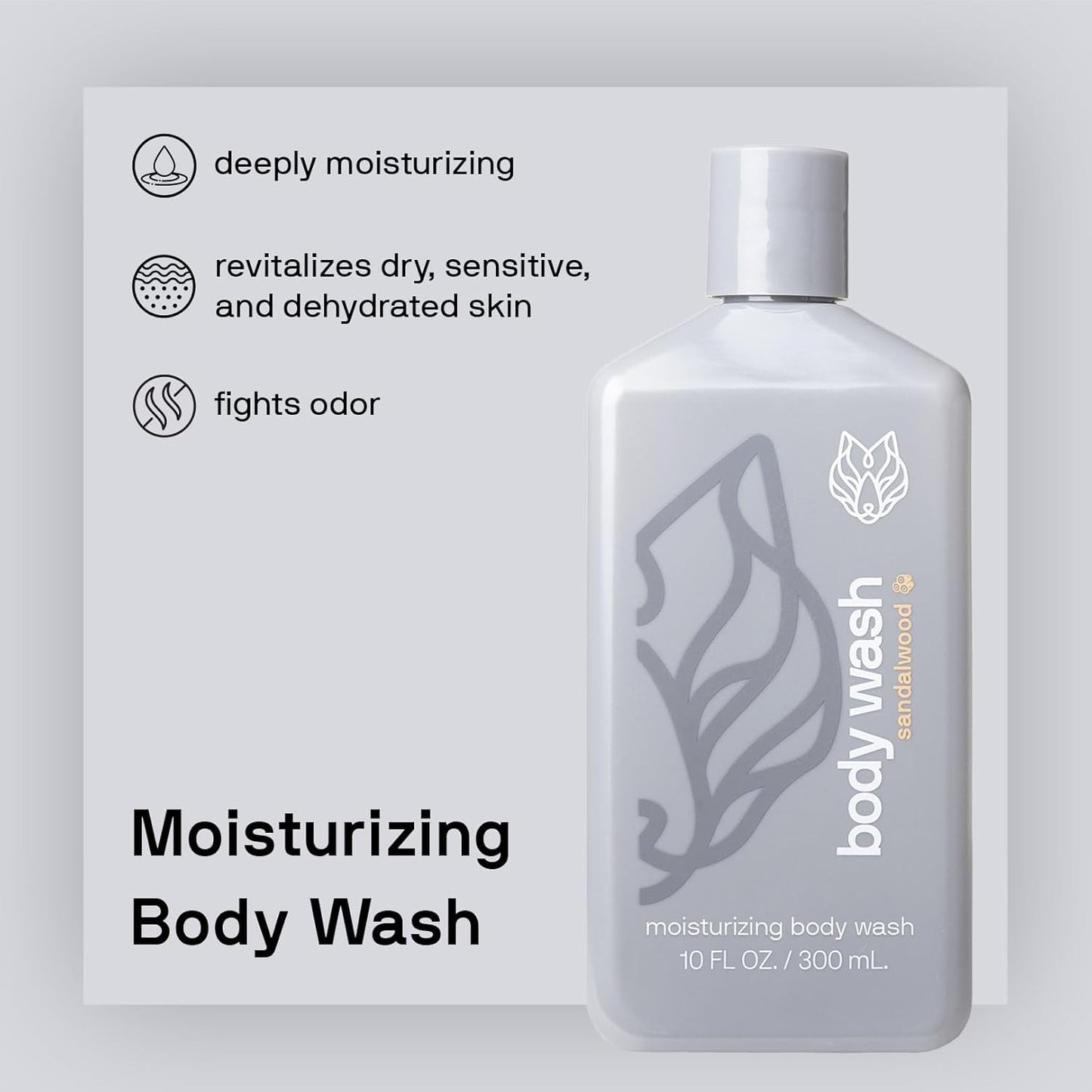 Black Wolf Moisturizing Body Wash for Men, Sandalwood - Mens Hydrating Bodywash for Dry, Dehydrated, & Sensitive Skin - Hyaluronic Acid, Aloe Vera, & Jojoba Oil Body Cleanser Help Remove Oil & Dirt